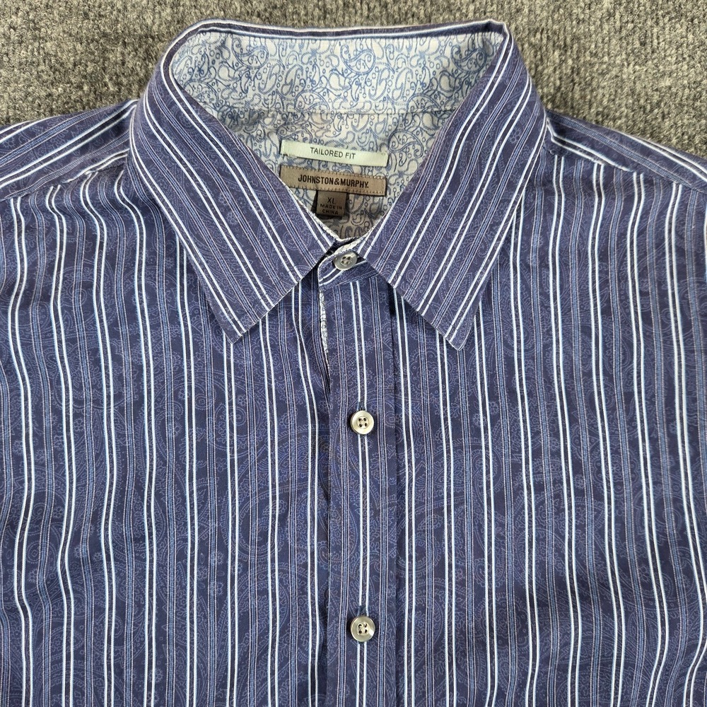 Johnston & Murphy Mens XL ( Fit 2XL) Blue Paisley Striped Button Up Shirt